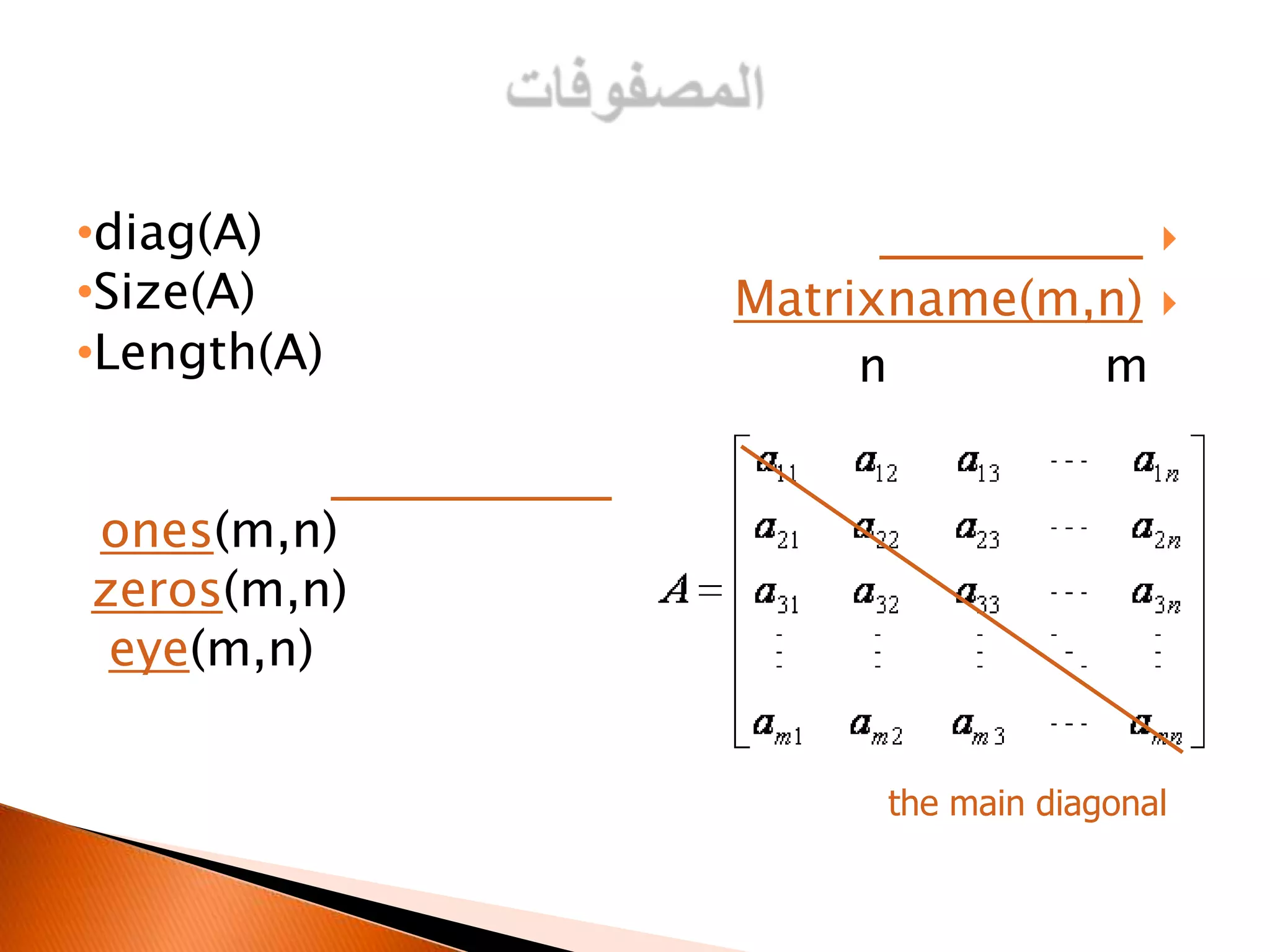 •diag(A)
•Size(A)
•Length(A)



Matrixname(m,n) 
n
m

ones(m,n)
zeros(m,n)
eye(m,n)
the main diagonal

 