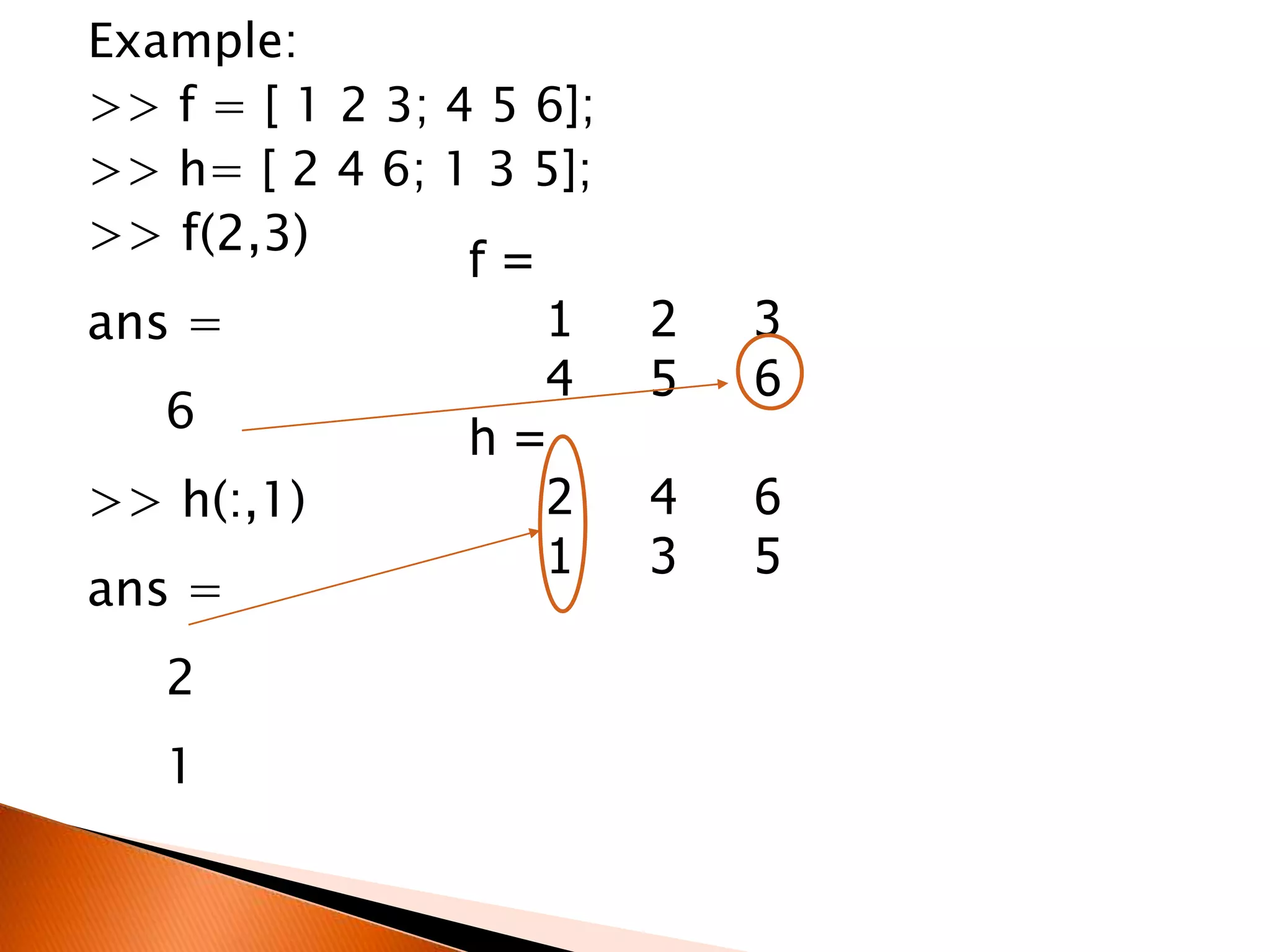 Example:
>> f = [ 1 2 3; 4 5 6];
>> h= [ 2 4 6; 1 3 5];
>> f(2,3)
f=
1
ans =
4
6
h=
2
>> h(:,1)
1
ans =

2
1

2
5

3
6

4
3

6
5

 