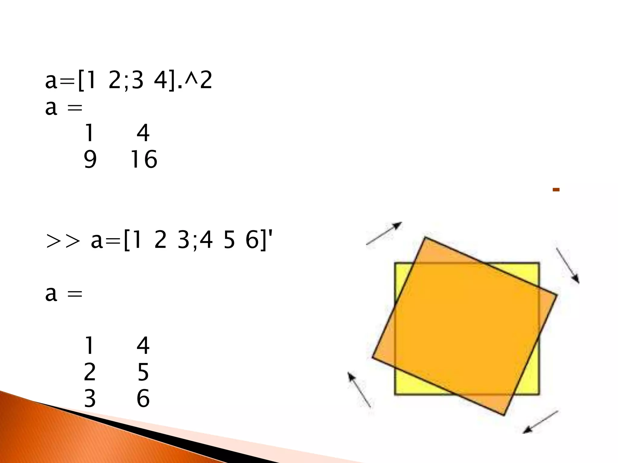 a=[1 2;3 4].^2
a=
1
4
9 16

>> a=[1 2 3;4 5 6]'
a=
1
2
3

4
5
6

 