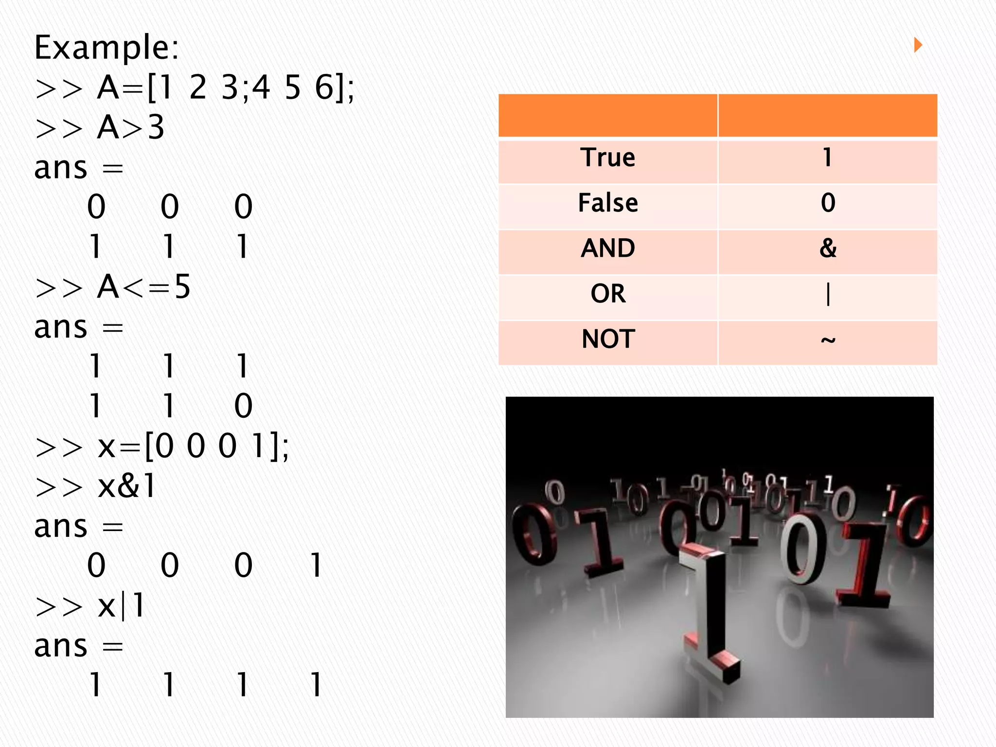 Example:
>> A=[1 2 3;4 5 6];
>> A>3
ans =
0
0
0
1
1
1
>> A<=5
ans =
1
1
1
1
1
0
>> x=[0 0 0 1];
>> x&1
ans =
0
0
0
1
>> x|1
ans =
1
1
1
1



True

1

False

0

AND

&

OR

|

NOT

~

 