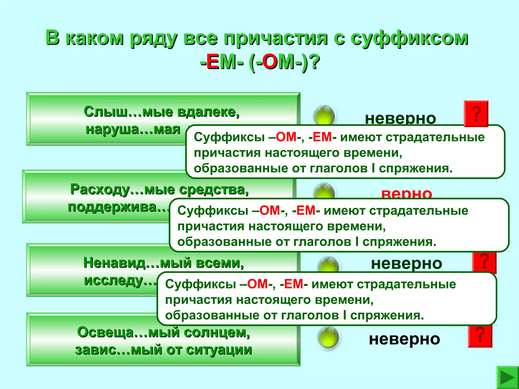 В каком ряду все причастия с суффиксом
-ЕМ- (-ОМ-)?
Слыш…мые вдалеке,
наруша…мая тишина

неверно

Суффиксы –ОМ-, -ЕМ- имеют страдательные
причастия настоящего времени,
образованные от глаголов I спряжения.

Расходу…мые средства,
верно
поддержива…мый всеми –ОМ-, -ЕМ- имеют страдательные
Суффиксы
причастия настоящего времени,
образованные от глаголов I спряжения.

Ненавид…мый всеми,
неверно
исследу…мый объект
Суффиксы –ОМ-, -ЕМ- имеют страдательные
причастия настоящего времени,
образованные от глаголов I спряжения.

Освеща…мый солнцем,
завис…мый от ситуации

неверно

 