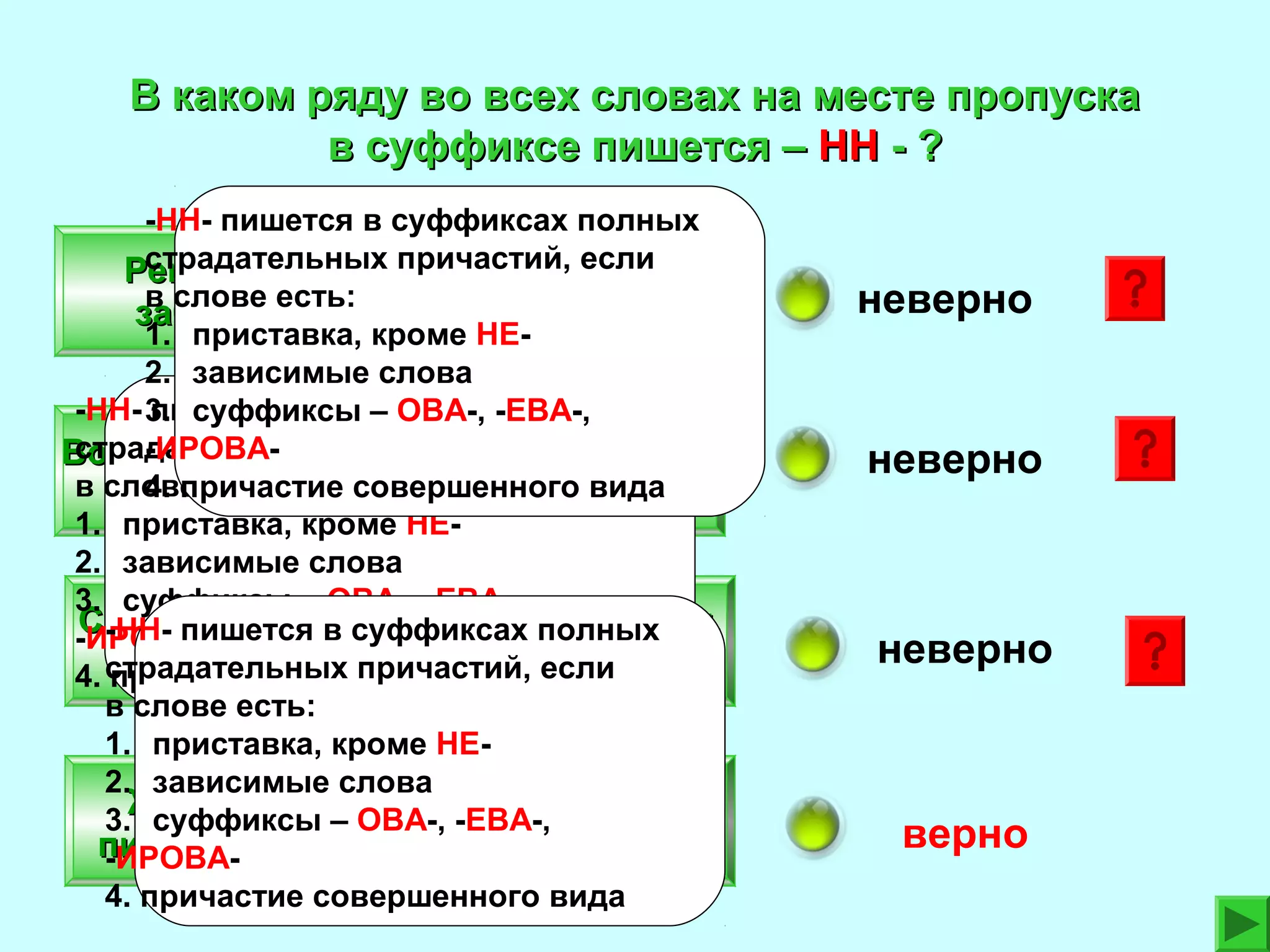 В каком ряду во всех словах на месте пропуска
в суффиксе пишется – НН - ?
-НН- пишется в суффиксах полных
страдательных причастий, если
Реше…ый вопрос, краше…ый
в слове есть:
забор, перереза…ый провод
1. приставка, кроме НЕ2. зависимые слова
-НН- 3. суффиксы – ОВА-, -ЕВА-,
пишется в суффиксах полных
страдательных причастий, если
-ИРОВАВоспита…а бабушкой, избалова…ый
в слове есть:
4. причастие совершенного вида
ребенок, замороже…ые фрукты
1. приставка, кроме НЕ2. зависимые слова
3. суффиксы – ОВА-, -ЕВА-,
Среза…ый цветок, выкоше…ый луг,
-НН- пишется в суффиксах полных
-ИРОВАране…ый солдат
4. страдательных причастий, если
причастие совершенного вида
в слове есть:
1. приставка, кроме НЕ2. зависимые слова
Жаре…ая в масле, сожже…ное
3. суффиксы – ОВА-, -ЕВА-,
письмо, асфальтирова…ое шоссе
-ИРОВА4. причастие совершенного вида

неверно

неверно

неверно

верно

 