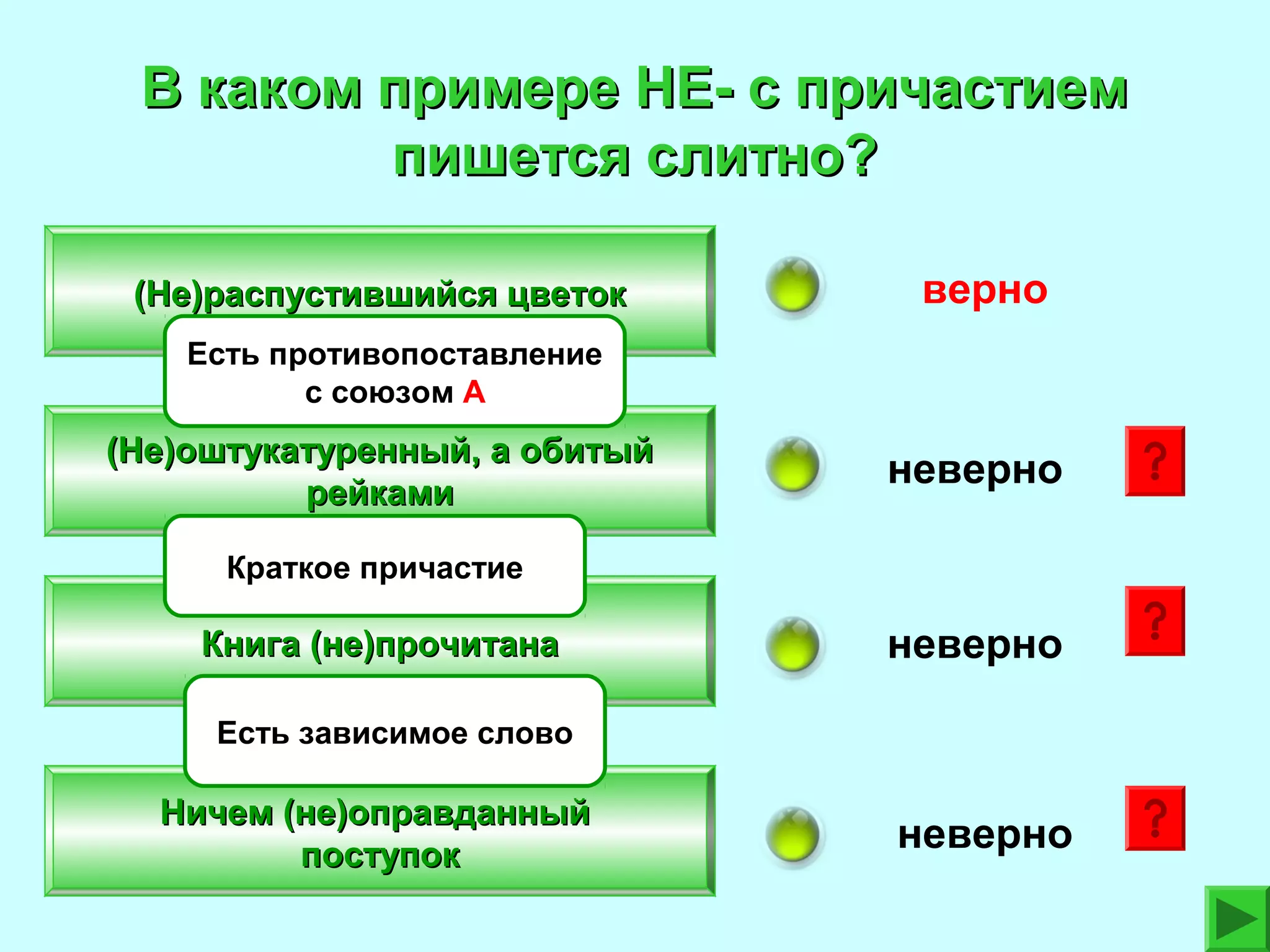 В каком примере НЕ- с причастием
пишется слитно?
(Не)распустившийся цветок

верно

Есть противопоставление
с союзом А

(Не)оштукатуренный, а обитый
рейками

неверно

Краткое причастие

Книга (не)прочитана

неверно

Есть зависимое слово

Ничем (не)оправданный
поступок

неверно

 