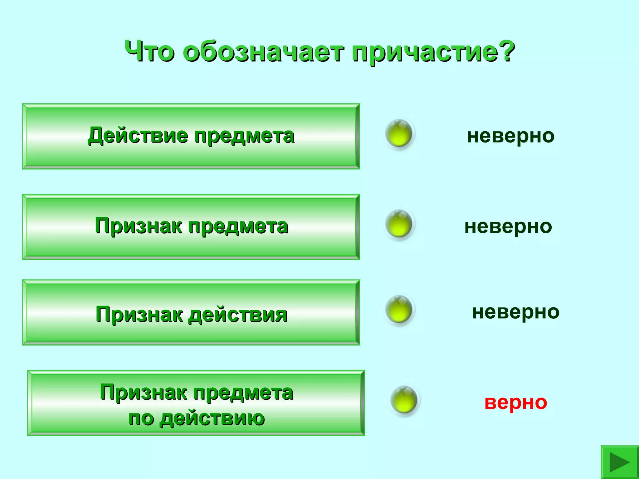 Что обозначает причастие?
Действие предмета

неверно

Признак предмета

неверно

Признак действия

неверно

Признак предмета
по действию

верно

 