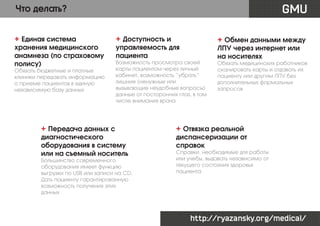 GMU

Что делать?
+ Единая система

хранения медицинского
анамнеза (по страховому
полису)

Обязать бюджетные и платные
клиники передавать информацию
о приеме пациентов в единую
независимую базу данных

+ Доступность и

управляемость для
пациента

+ Обмен данными между

Возможность просмотра своей
карты пациентом через личный
кабинет, возможность “убрать”
лишние (ненужные или
вызывающие неудобные вопросы)
данные от посторонних глаз, в том
числе внимания врача

+ Передача данных с

диагностического
оборудования в систему
или на съемный носитель

Большинство современного
оборудования имеет функцию
выгрузки по USB или записи на CD.
Дать пациенту гарантированную
возможность получения этих
данных

ЛПУ через интернет или
на носителях

Обязать медицинских работников
сканировать карты и отдавать их
пациенту или другим ЛПУ без
дополнительных формальных
запросов

+ Отвязка реальной

диспансеризации от
справок

Справки, необходимые для работы
или учебы, выдавать независимо от
текущего состояния здоровья
пациента

http://ryazansky.org/medical/

 