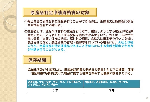 原産性を判断するための基本的考え方と 整えるべき保存書類の例示