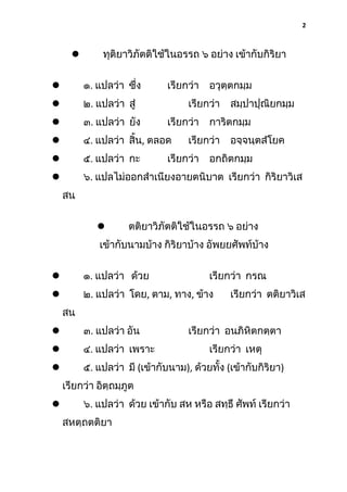 2



ทุติยาวิภัตติใช้ในอรรถ ๖ อย่าง เข้ากับกิริยา



๑. แปลว่า ซึง
่

เรียกว่า

อวุตฺตกมฺม



๒. แปลว่า สู่



๓. แปลว่า ยัง



๔. แปลว่า สิ้น, ตลอด



๕. แปลว่า กะ



๖. แปลไม่ออกสําเนียงอายตนิบาต เรียกว่า กิริยาวิเส

เรียกว่า
เรียกว่า

การิตกมฺม

เรียกว่า

เรียกว่า

สมฺปาปุณิยกมฺม
อจฺจนฺตสํโยค

อกถิตกมฺม

สน


ตติยาวิภัตติใช้ในอรรถ ๖ อย่าง

เข้ากับนามบ้าง กิริยาบ้าง อัพยยศัพท์บ้าง


๑. แปลว่า ด้วย

เรียกว่า กรณ



๒. แปลว่า โดย, ตาม, ทาง, ข้าง

เรียกว่า ตติยาวิเส

สน


๓. แปลว่า อัน

เรียกว่า อนภิหิตกตฺตา



๔. แปลว่า เพราะ



๕. แปลว่า มี (เข้ากับนาม), ด้วยทั้ง (เข้ากับกิริยา)

เรียกว่า เหตุ

เรียกว่า อิตฺถมฺภูต
๖. แปลว่า ด้วย เข้ากับ สห หรือ สทฺธึ ศัพท์ เรียกว่า



สหตฺถตติยา

 