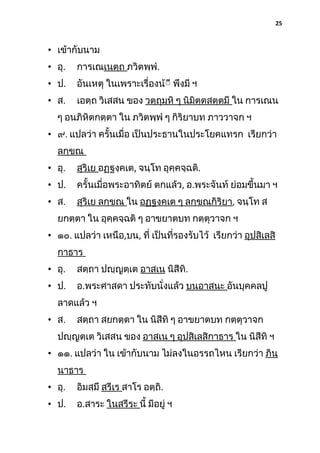 25

• เข้ากับนาม
• อุ.

การเณเนตฺถ ภวิตพฺพํ.

• ป.

อันเหตุ ในเพราะเรื่องน้ีี พึงมี ฯ

• ส.

เอตฺถ วิเสสน ของ วตฺถุมฺหิ ๆ นิมิตฺตสตฺตมี ใน การเณน

ๆ อนภิหิตกตฺตา ใน ภวิตพฺพํ ๆ กิริยาบท ภาววาจก ฯ
• ๙. แปลว่า ครั้นเมื่อ เป็นประธานในประโยคแทรก เรียกว่า
ลกฺขณ
• อุ.

สุริเย อฏฺฐงฺคเต, จนฺโท อุคฺคจฺฉติ.

• ป.

ครั้นเมื่อพระอาทิตย์ ตกแล้ว, อ.พระจันท์ ย่อมขึ้นมา ฯ

• ส.

สุริเย ลกฺขณ ใน อฏฺฐงฺคเต ๆ ลกฺขณกิริยา, จนฺโท ส

ยกตฺตา ใน อุคฺคจฺฉติ ๆ อาขยาตบท กตฺตุวาจก ฯ
• ๑๐. แปลว่า เหนือ,บน, ที่ เป็นที่รองรับไว้ เรียกว่า อุปสิเลสิ
กาธาร
• อุ.

สตฺถา ปญฺญตฺเต อาสเน นิสีทิ.

• ป.

อ.พระศาสดา ประทับนั่งแล้ว บนอาสนะ อันบุคคลปู

ลาดแล้ว ฯ
• ส.

สตฺถา สยกตฺตา ใน นิสีทิ ๆ อาขยาตบท กตฺตุวาจก

ปญฺญตฺเต วิเสสน ของ อาสเน ๆ อุปสิเลสิกาธาร ใน นิสีทิ ฯ
• ๑๑. แปลว่า ใน เข้ากับนาม ไม่ลงในอรรถไหน เรียกว่า ภินฺ
นาธาร
• อุ.

อิมสฺมึ สรีเร สาโร อตฺถิ.

• ป.

อ.สาระ ในสรีระ นี้ มีอยู่ ฯ

 