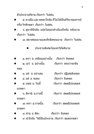 6

ตัวประธานก็ตาม เรียกว่า วิเสสน
๕. ต อนีย และ ตพฺพ ปัจจัย ที่ไม่ได้เป็นกิริยาคุมพากย์



หรือ วิกติกตฺตา เรียกว่า วิเสสน
๖. ตูนาทิปัจจัย แปลไม่ออกสําเนียงปัจจัย หลังนาม



เรียกว่า วิเสสน
๗. สมาสคุณนามและตัทธิตคุณนาม เรียกว่า วิเสสน





ประธานพิเศษไม่แจกวิภัตตินาม



๑. ตถา อ. เหมือนอย่างนั้น

เรียกว่า ลิงฺคตฺถ



๒. เอวํ อ. อย่างนั้น

เรียกว่า สจฺจวาจกลิงฺ



๓. อลํ อ. อย่าเลย

เรียกว่า ปฏิเสธลิงฺคตฺถ



๔. อลํ อ. พอละ

เรียกว่า ลิงฺคตฺถ



๕. อชฺช อ. วันนี้

เรียกว่า สตฺตมีปจฺจตฺตส

คตฺถ

ยกตฺตา
๖. อิทานิ อ.กาลนี้



เรียกว่า สตฺตมีปจฺจตฺตส

ยกตฺตา
๗. ตทา อ.กาลนั้น



เรียกว่า สตฺตมีปจฺจตฺตส

ยกตฺตา


๘. สาธุ อ. ดีละ

เรียกว่า ลิงฺคตฺถ



๙. ตุํ ปัจจัย ใช้เป็นประธาน เรียกว่า ตุมตฺถกตฺตา

 