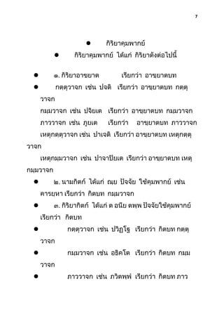 7




กิริยาคุมพากย์

กิริยาคุมพากย์ ได้แก่ กิริยาดังต่อไปนี้



๑. กิริยาอาขยาต

เรียกว่า อาขฺยาตบท



กตฺตุวาจก เช่น ปจติ เรียกว่า อาขฺยาตบท กตฺตุ
วาจก
กมฺมวาจก เช่น ปจิยเต เรียกว่า อาขฺยาตบท กมฺมวาจก
ภาววาจก เช่น ภูยเต

เรียกว่า

อาขฺยาตบท ภาววาจก

เหตุกตฺตุวาจก เช่น ปาเจติ เรียกว่า อาขฺยาตบท เหตุกตฺตุ
วาจก
เหตุกมฺมวาจก เช่น ปาจาปิยเต เรียกว่า อาขฺยาตบท เหตุ
กมฺมวาจก
๒. นามกิตก์ ได้แก่ ณฺย ปัจจัย ใช้คุมพากย์ เช่น



คารยฺหา เรียกว่า กิตบท กมฺมวาจก
๓. กิริยากิตก์ ได้แก่ ต อนีย ตพฺพ ปัจจัยใช้คุมพากย์



เรียกว่า กิตบท
กตฺตุวาจก เช่น ปวิฏฺโฐ เรียกว่า กิตบท กตฺตุ


วาจก

กมฺมวาจก เช่น อธิคโต เรียกว่า กิตบท กมฺม


วาจก


ภาววาจก เช่น ภวิตพฺพํ เรียกว่า กิตบท ภาว

 