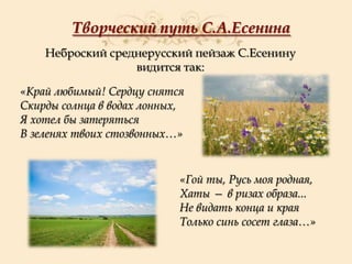 Творческий путь С.А.Есенина
Неброский среднерусский пейзаж C.Есенину
видится так:
«Край любимый! Сердцу снятся
Скирды солнца в водах лонных,
Я хотел бы затеряться
В зеленях твоих стозвонных…»

«Гой ты, Русь моя родная,
Хаты — в ризах образа...
Не видать конца и края
Только синь сосет глаза…»

 