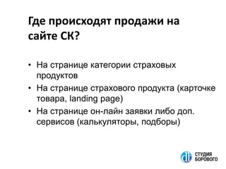 Где происходят продажи на
сайте СК?
• На странице категории страховых
продуктов
• На странице страхового продукта (карточке
товара, landing page)
• На странице он-лайн заявки либо доп.
сервисов (калькуляторы, подборы)

 