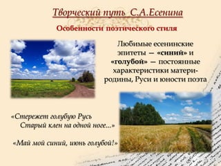 Творческий путь С.А.Есенина
Особенности поэтического стиля
Любимые есенинские
эпитеты — «синий» и
«голубой» — постоянные
характеристики материродины, Руси и юности поэта

«Стережет голубую Русь
Старый клен на одной ноге...»
«Май мой синий, июнь голубой!»

 