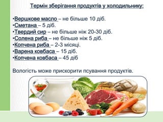 Термін зберігання продуктів у холодильнику:
•Вершкове масло – не більше 10 діб.
•Сметана – 5 діб.
•Твердий сир – не більше ніж 20-30 діб.
•Солена риба – не більше ніж 5 діб.
•Копчена риба – 2-3 місяці.
•Варена ковбаса – 15 діб.
•Копчена ковбаса – 45 діб
Вологість може прискорити псування продуктів.

 