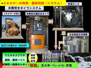 ●エネルギーの利用・最終利用（システム）

貯湯タンク

木質焚きボイラシステム
エネルギーの投入

木質焚き無圧式ボイラ

低温吸収式冷凍機

出口1㎥当たり　2000円	
熱交換機

ウエルネスプラザ
病院・園芸ハウス

暖房
冷房
給湯

紅梅荘・給食センター 「課題」　含水率・ペレット化・発電	

 