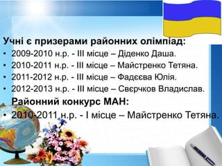 Учні є призерами районних олімпіад:
•
•
•
•

2009-2010 н.р. - III місце – Діденко Даша.
2010-2011 н.р. - III місце – Майстренко Тетяна.
2011-2012 н.р. - III місце – Фадєєва Юлія.
2012-2013 н.р. - III місце – Свєрчков Владислав.

Районний конкурс МАН:
• 2010-2011 н.р. - I місце – Майстренко Тетяна.

 