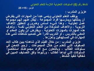 ‫نشاط رقم )6( السلوكات التعاونية اللزمة للتعلم التعاوني‬
‫الزمن : 51+ 52‬

‫عزيزي المتدرب :‬
‫يوظف التعلم التعاوني وينمي عددا من المهارات التي يفترض‬
‫ ً‬
‫أن يمتلكها ويماراسها أفراد المجموعة ، ليقا ل عنهم أنهم مجموعة‬
‫عملل تعاونيلة ، وهذا شيلء أاسلاس وضروري لتحقيق الهداف‬
‫التربويلة ، والهداف المتوخاة ملن التعللم التعاونلي نفسه ، وتعرف‬
‫هذه المهارات بالمهارات التعاونيلة ، ويفترض ألن يكون المعللم أو‬
‫المعني بالتدريس ، أو التدريب قادرا على تصميم نشاطات تنمي هذه‬
‫ ً‬
‫المهارات في المستهدفين وتعززها .‬
‫عزيزي المتدرب : من خل ل الفيلم الذي شاهدته يبين طلب لحد‬
‫الصلفوف التلي تتعللم ملن خل ل المجموعات . أرجلو التمعلن في‬
‫اسلللوكات الطلب ، وبالتعاون مللع أفراد مجموعتللك ااستخلصوا‬
‫السلوكات التي أبداها الطلب ، ورتبوها وفق التصنيف الملبين في‬
‫شفافية تنفيذ النشاط .‬

 