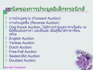 ชนิดของการประมูลอิเล็กทรอȨกส์
 การประมูลขาย (Forward Auction)
 การประมูลซือ (Reverse Auction)
้
 One Knock Auction: ไม่มการกำาหนดราคาเริ่มต้น จะ
ี
มีผู้ซื้อเสนอราคา และสิ้นสุด เมือผู้ซื้อได้ราคาทีตน
่
่
เสนอ
 English Auction
 Yankee Auction
 Dutch Auction
 Free-Fall Auction
 Sealed-Bid Auction
 Doubled Auction

 