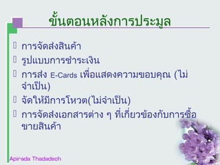 ขั้นตอȨลังการประมูล
 การจัดส่งสินค้า
 รูปแบบการชำาระเงิน
 การส่ง E-Cards เพื่อแสดงความขอบคุณ (ไม่
จำาเป็น)
 จัดให้มีการโหวต(ไม่จำาเป็น)
 การจัดส่งเอกสารต่าง ๆ ที่เกี่ยวข้องกับการซื้อ
ขายสินค้า

 