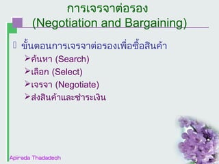 การเจรจาต่อรอง
(Negotiation and Bargaining)
 ขั้นตอนการเจรจาต่อรองเพื่อซื้อสินค้า
ค้นหา (Search)
เลือก (Select)
เจรจา (Negotiate)
ส่งสินค้าและชำาระเงิน

 