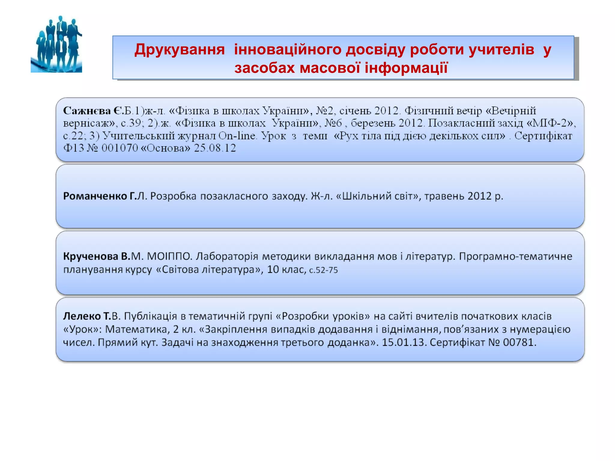 Друкування інноваційного досвіду роботи учителів у
Друкування інноваційного досвіду роботи учителів у
засобах масової інформації
засобах масової інформації

 