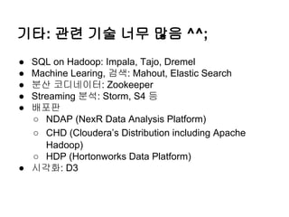 기타: 관련 기술 너무 많음 ^^;
●
●
●
●
●

SQL on Hadoop: Impala, Tajo, Dremel
Machine Learing, 검색: Mahout, Elastic Search
분산 코디네이터: Zookeeper
Streaming 분석: Storm, S4 등
배포판
○ NDAP (NexR Data Analysis Platform)
○ CHD (Cloudera’s Distribution including Apache
Hadoop)
○ HDP (Hortonworks Data Platform)
● 시각화: D3

 