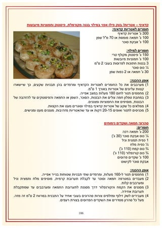 ‫קדאיף – אטריות/ בצק פילו אפוי במילוי בננה מקורמלת, פיסטוק וחמוציות מיובשות‬
‫חומרים לאטריות קדאיף:‬
‫118 ג' אטריות קדאיף‬
‫112 ג' חמאה מומסת או 17 מ"ל שמן‬
‫112 ג' אבקת סוכר‬
‫חומרים למילוי:‬
‫152 ג' פיסטוק מקולף טרי‬
‫112 ג' חמוציות מיובשות‬
‫8 בננות חתוכות לפרוסות בעובי 1 ס"מ‬
‫¼ כוס סוכר‬
‫18 ג' חמאה או 1 כפות שמן‬
‫אופן ההכנה:‬
‫2) מערבבים את כל החומרים לאטריות הקדאיף ומרפדים בהן תבניות שקעים, כך שיישארו‬
‫קצוות עליונים של אטריות באורך 2 ס"מ.‬
‫1) מחממים תנור לחום 132 מעלות במצב אפייה.‬
‫8) במחבת טפלון חמה צולים את הבננות, הסוכר, השמן או החמאה והפיסטוקים עד להזהבה של‬
‫הבננות, מוסיפים את החמוציות ומצננים.‬
‫4) ממלאים כל שקע של אטריות קדאיף במילוי וסוגרים מעט את הקצוות.‬
‫5) מכניסים לתנור ואופים 52-11 דקות או עד שהאטריות מזהיבות. מצננים מעט ומגישים.‬
‫סהרוני חמאה ושקדים נימוחים‬
‫חומרים:‬
‫111 ג' חמאה רכה‬
‫¼ כוס אבקת סוכר (18 ג')‬
‫2 כפית תמצית וניל‬
‫¼ כפית מלח‬
‫¾ כוס קמח (122 ג')‬
‫¾ כוס קורנפלור (122 ג')‬
‫112 ג' שקדים פרוסים‬
‫אבקת סוכר לקישוט‬
‫אופן ההכנה:‬
‫2) מחממים תנור ל-162 מעלות, ומרפדים שתי תבניות שטוחות בנייר אפייה.‬
‫1) מעבדים במטרפה חמאה וסוכר עד לקבלת תערובת קרמית, מוסיפים מלח ותמצית וניל‬
‫ומערבבים קלות.‬
‫8) מסננים את הקמח והקורנפלור דרך מסננת לתערובת החמאה ומערבבים עד שמתקבלת‬
‫תערובת אחידה.‬
‫4) מעבירים לשק זילוף ומזלפים צורות סהרונים בעובי אחיד על התבנית במרווח 1 ס"מ זה מזה.‬
‫מעל כל סהרון מסדרים את השקדים הפרוסים בצורת רעפים.‬
‫610‬

 