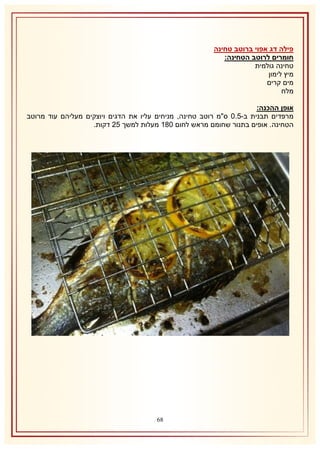 ‫פילה דג אפוי ברוטב טחינה‬
‫חומרים לרוטב הטחינה:‬
‫טחינה גולמית‬
‫מיץ לימון‬
‫מים קרים‬
‫מלח‬
‫אופן ההכנה:‬
‫מרפדים תבנית ב-5.1 ס"מ רוטב טחינה, מניחים עליו את הדגים ויוצקים מעליהם עוד מרוטב‬
‫הטחינה. אופים בתנור שחומם מראש לחום 132 מעלות למשך 51 דקות.‬

‫86‬

 