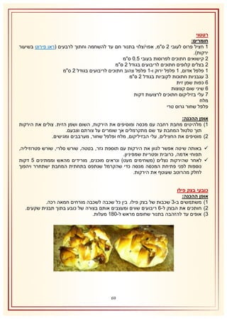 ‫רטטוי‬
‫חומרים:‬
‫2 חציל פרוס לעובי 1 ס"מ, אפוי/צלוי בתנור חם עד להשחמה וחתוך לרבעים (ראו פירוט בשיעור‬
‫ירקות).‬
‫1 קישואים חתוכים לפרוסות בעובי 5.1 ס"מ‬
‫1 בצלים קלופים חתוכים לריבועים בגודל 1 ס"מ‬
‫2 פלפל אדום, 2 פלפל ירוק ו-2 פלפל צהוב חתוכים לריבועים בגודל 1 ס"מ‬
‫8 עגבניות חתוכות לקוביות בגודל 1 ס"מ‬
‫6 כפות שמן זית‬
‫6 שיני שום קצוצות‬
‫7 עלי בזיליקום חתוכים לרצועות דקות‬
‫מלח‬
‫פלפל שחור גרוס טרי‬
‫אופן ההכנה:‬
‫2) מלהיטים מחבת רחבה עם מכסה ומוסיפים את הירקות, השום ושמן הזית. צולים את הירקות‬
‫תוך טלטול המחבת עד שם מתקרמלים אך שומרים על צורתם וצבעם.‬
‫1) מוסיפים את החצילים, עלי הבזיליקום, מלח ופלפל שחור, מערבבים ומגישים.‬
‫‪ ‬באותה שיטה אפשר לגוון את הירקות עם תוספת גזר, בטטה, שורש סלרי, שורש פטרוזיליה,‬
‫תפוחי אדמה, כרובית ופטריות שמפיניון.‬
‫‪ ‬לאחר שהירקות נצלים (משחימים מעט) ונראים מוכנים, מורידים מהאש וממתינים 5 דקות‬
‫נוספות לפני פתיחת המכסה מכסה כדי שהקרמל שנתפס בתחתית המחבת ישתחרר ויהפוך‬
‫לחלק מהרוטב שעוטף את הירקות.‬
‫כובעי בצק פילו‬
‫אופן ההכנה:‬
‫2) משתמשים ב-8 שכבות של בצק פילו. בין כל שכבה לשכבה מורחים חמאה רכה.‬
‫1) חותכים את הבצק ל-6 ריבועים שווים ומעצבים אותם בצורה של כובע בתוך תבנית שקעים.‬
‫8) אופים עד להזהבה בתנור שחומם מראש ל-132 מעלות.‬

‫96‬

 