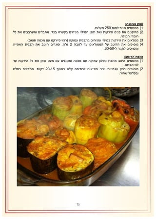 ‫אופן ההכנה:‬
‫2) מחממים תנור לחום 151 מעלות.‬
‫1) מרוקנים את פנים הירקות ואת תוכן המילוי מניחים בקערה בצד. מתבלים ומערבבים את כל‬
‫חומרי המילוי.‬
‫8) ממלאים את הירקות במילוי ומניחים בתבנית עמוקה (רצוי פיירקס עם מכסה תואם).‬
‫4) מוסיפים את הרוטב על הממולאים עד לגובה 1 ס"מ, סוגרים היטב את תבנית האפייה‬
‫ומכניסים לתנור ל-15-16.‬
‫הכנת הרוטב:‬
‫2) מחממים היטב מחבת טפלון עמוקה עם מכסה ומטגנים עם מעט שמן את כל הירקות עד‬
‫להזהבתם.‬
‫1) מוסיפים רסק עגבניות וציר ומביאים לרתיחה קלה במשך 52-11 דקות. מתבלים במלח‬
‫ובפלפל שחור.‬

‫17‬

 