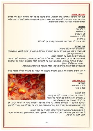 ‫סופגניות אפויות‬
‫פעם יצא ששיעור התקיים בחג החנוכה, וכולם ביקשו כל כך יפה שאראה להם איך מכינים‬
‫סופגניות. מכיוון שאני חייב להתחכם, ברור שאפיתי אותן. באופן מפתיע (או לא כל כך מפתיע) הן‬
‫יוצאות סופגניות לכל דבר, ואפילו ממש טובות.‬
‫חומרים:‬
‫½ ק"ג קמח‬
‫½ כוס סוכר‬
‫51 ג' שמרים‬
‫112 ג' חמאה רכה‬
‫8 חלמונים‬
‫חלב או מים לפי הצורך (עד לקבלת בצק דביק אך לא דליל)‬
‫אופן ההכנה:‬
‫2) מחממים תנור ל-151 מעלות.‬
‫1) בקערת מיקסר מכניסים יחד את כל החומרים ומערבלים במשך 52 דקות (מרגע שהתערובת‬
‫הופכת לבצק אחיד).‬
‫8) מתפיחים את הבצק עד להכפלת הנפח.‬
‫4) מחלקים את הבצק למנות שוות בגודל של ⅔ גודל תבנית שקעים, ומכניסים לתוך תבניות‬
‫שקעים מרוחות בחמאה. מתפיחים שוב עד להכפלת הנפח ומכניסים לתנור עד שהקרום‬
‫מזהיב מעט (7-12 דקות).‬
‫5) מעבירים לכלי הגשה. מזריקים ריבה. מפזרים אבקת סוכר ומגישים באהבה.‬
‫‪ ‬לא חייבים להכניס את הבצק לתבנית שקעים. זה יעבוד גם בתבנית רגילה מכוסה בנייר‬
‫אפייה.‬
‫ריבת תות שדה‬
‫חומרים:‬
‫115 ג' תות שדה‬
‫114 ג' סוכר‬
‫אופן ההכנה:‬
‫2. מנקים את התותים וחותכים לקוביות קטנות.‬
‫1. מבשלים את התותים עם הסוכר בלי מכסה‬
‫עד לקבלת תערובת עם מרקם של ריבה.‬
‫לבדיקת המרקם – מעבירים בעזרת כף מעט מהריבה למשטח שיש או לצלחת קרה. אם‬
‫התערובת הופכת להיות צמיגית סימן שהריבה מוכנה, ואם היא עדיין דלילה סימן שצריך להמשיך‬
‫לבשלה.‬
‫4. מצננים את הריבה ומעבירים לכלי אחסון מזכוכית עם פקק הרמטי.‬
‫5. להגדלת אורך חיי המדף יש לחטא את כלי האחסון במים רותחים למשך כמה שניות ורק אז‬
‫למזוג לתוכו את הריבה.‬
‫67‬

 