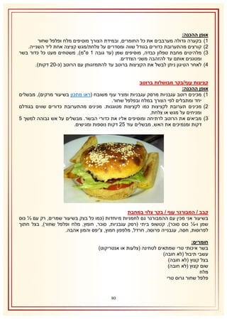 ‫אופן ההכנה:‬
‫2) בקערה גדולה מערבבים את כל החומרים, ובמידת הצורך מוסיפים מלח ופלפל שחור‬
‫1) קורצים מהתערובת כדורים בגודל שווה ומסדרים על צלחת/מגש קציצה אחת ליד השנייה.‬
‫8) מלהיטים מחבת טפלון כבדה, מוסיפים שמן (עד גובה 2 ס"מ), משטחים מעט כל כדור בשר‬
‫ומטגנים אותם עד להזהבה משני הצדדים.‬
‫4) לאחר הטיגון ניתן לבשל את הקציצות ברוטב עד להתמזגותן עם הרוטב (כ-11 דקות).‬
‫קציצות עוף/בקר מבושלות ברוטב‬
‫אופן ההכנה:‬
‫2) מכינים רוטב עגבניות מרסק עגבניות ומציר עוף משובח (ראו מתכון בשיעור מרקים), מבשלים‬
‫יחד ומתבלים לפי הצורך במלח ובפלפל שחור.‬
‫1) מכינים תערובת לקציצות כמו לקציצות מטוגנות. מכינים מהתערובת כדורים שווים בגודלם‬
‫ומניחים על מגש או צלחת.‬
‫8) מביאים את הרוטב לרתיחה ומוסיפים אליו את כדורי הבשר. מבשלים על אש גבוהה למשך 5‬
‫דקות ומנמיכים את האש, מבשלים עוד 51 דקות נוספות ומגישים.‬

‫קבב / המבורגר עוף / בקר צלוי במחבת‬
‫בשיעור אני מכין עם ההמבורגר גם לחמניות מיוחדות (כמו כל בצק בשיעור שמרים, רק עם ⅓ כוס‬
‫שמן ו-¼ כוס סוכר), קטשופ ביתי (רסק עגבניות, סוכר, חומץ, מלח ופלפל שחור), בצל חתוך‬
‫לפרוסות, חסה, עגבנייה פרוסה, חרדל, מלפפון חמוץ, צ'יפס והמון אהבה.‬
‫חומרים:‬
‫בשר איכותי טרי שמתאים לטחינה (צלעות או אנטריקוט)‬
‫עשבי תיבול (לא חובה)‬
‫בצל קצוץ (לא חובה)‬
‫שום קצוץ (לא חובה)‬
‫מלח‬
‫פלפל שחור גרוס טרי‬

‫18‬

 