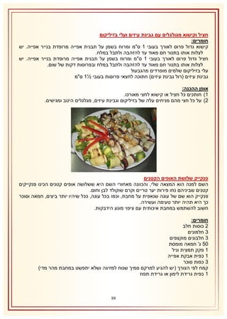 ‫חציל וקישוא מגולגלים עם גבינת עיזים ועלי בזיליקום‬
‫חומרים:‬
‫קישוא גדול פרוס לאורך בעובי 2 ס"מ ומרוח בשמן על תבנית אפייה מרופדת בנייר אפייה. יש‬
‫לצלות אותו בתנור חם מאוד עד להזהבה ולתבל במלח.‬
‫חציל גדול פרוס לאורך בעובי 2 ס"מ ומרוח בשמן על תבנית אפייה מרופדת בנייר אפייה. יש‬
‫לצלות אותו בתנור חם מאוד עד להזהבה ולתבל במלח ובפרוסות דקות של שום.‬
‫עלי בזיליקום שלמים מופרדים מהגבעול‬
‫גבינת עיזים (רול גבינת עיזים) חתוכה לחצאי פרוסות בעובי ½2 ס"מ‬
‫אופן ההכנה:‬
‫2) חותכים כל חציל או קישוא לחצי מאורכו.‬
‫1) על כל חצי מהם מניחים עלה של בזיליקום וגבינת עיזים, מגלגלים היטב ומגישים.‬

‫פנקייק שלושת האופים הקטנים‬
‫השם למנה הוא המצאה שלי, והכוונה מאחורי השם היא ששלושה אופים קטנים הכינו פנקייקים‬
‫קטנים שביניהם נחו פירות יער טריים וקרם שוקולד לבן וחום.‬
‫פנקייק הוא שם של עוגה שנאפית על מחבת, וכמו בכל עוגה, ככל שיהיו יותר ביצים, חמאה וסוכר‬
‫כך היא תהיה יותר טעימה ועשירה.‬
‫חשוב להשתמש במחבת איכותית עם ציפוי מונע הידבקות.‬
‫חומרים:‬
‫1 כוסות חלב‬
‫8 חלמונים‬
‫8 חלבונים מוקצפים‬
‫15 ג' חמאה מומסת‬
‫2 פקק תמצית וניל‬
‫2 כפית אבקת אפייה‬
‫8 כפות סוכר‬
‫קמח לפי הצורך (יש להגיע למרקם סמיך שנוח למזיגה ושלא יתפשט במחבת מהר מדי)‬
‫2 כפית גרידת לימון או גרידת תפוז‬

‫88‬

 