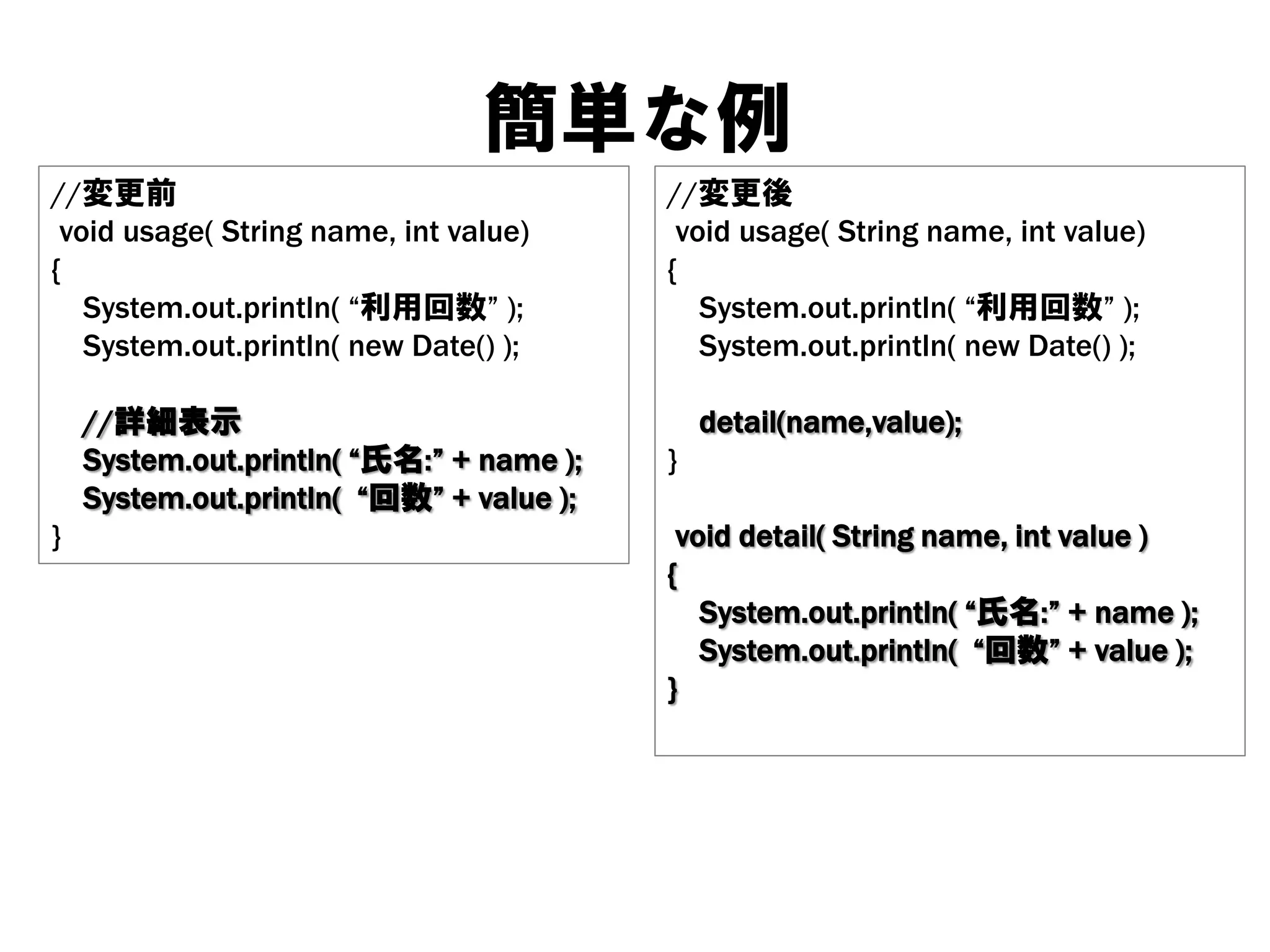 簡単な例
//変更前
void usage( String name, int value)
{
System.out.println( “利用回数” );
System.out.println( new Date() );

}

//詳細表示
System.out.println( “氏名:” + name );
System.out.println( “回数” + value );

//変更後
void usage( String name, int value)
{
System.out.println( “利用回数” );
System.out.println( new Date() );
}

detail(name,value);

void detail( String name, int value )
{
System.out.println( “氏名:” + name );
System.out.println( “回数” + value );
}

 