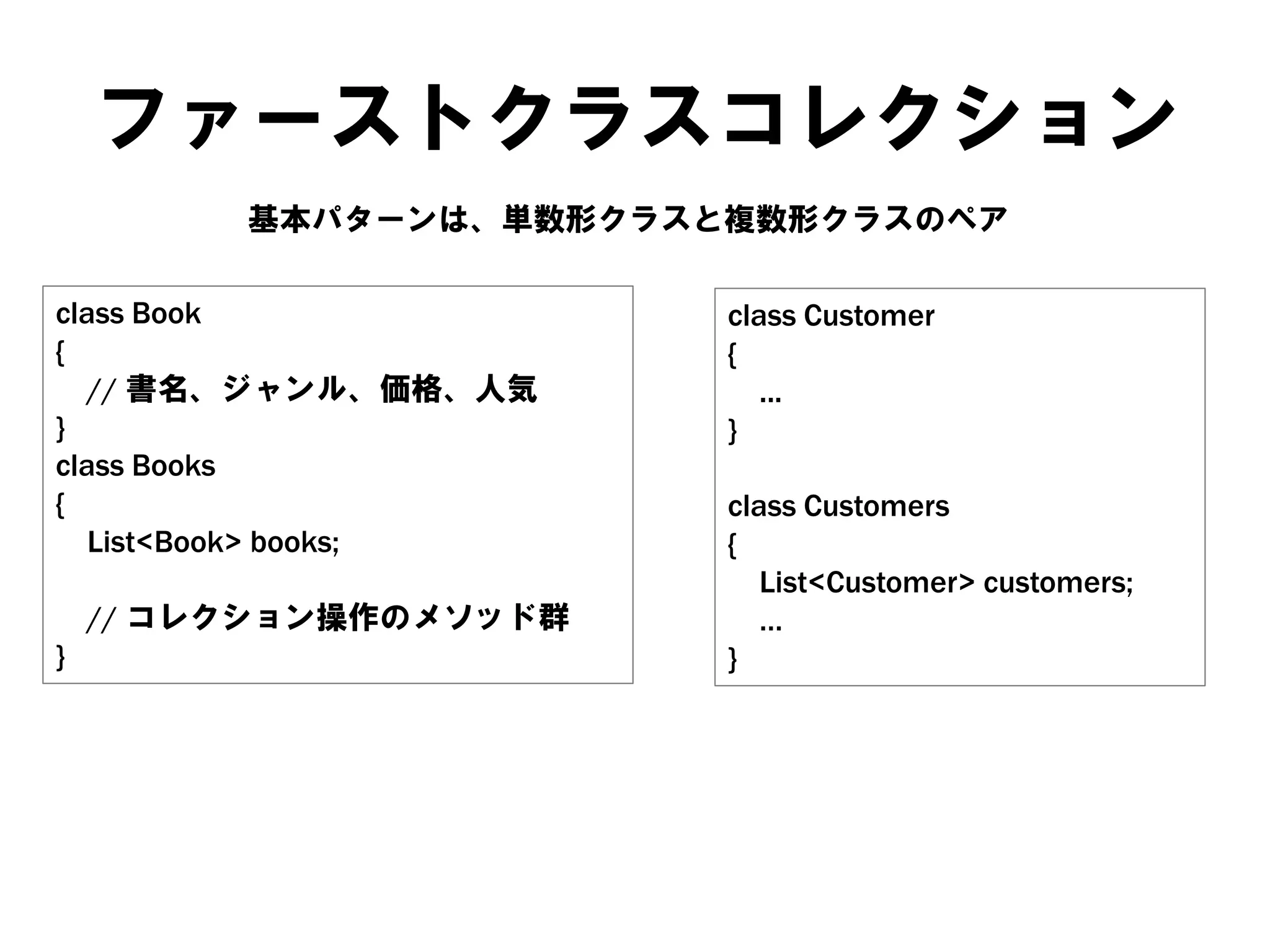 ファーストクラスコレクション
基本パターンは、単数形クラスと複数形クラスのペア
class Book
{
// 書名、ジャンル、価格、人気
}
class Books
{
List<Book> books;
}

// コレクション操作のメソッド群

class Customer
{
...
}
class Customers
{
List<Customer> customers;
…
}

 
