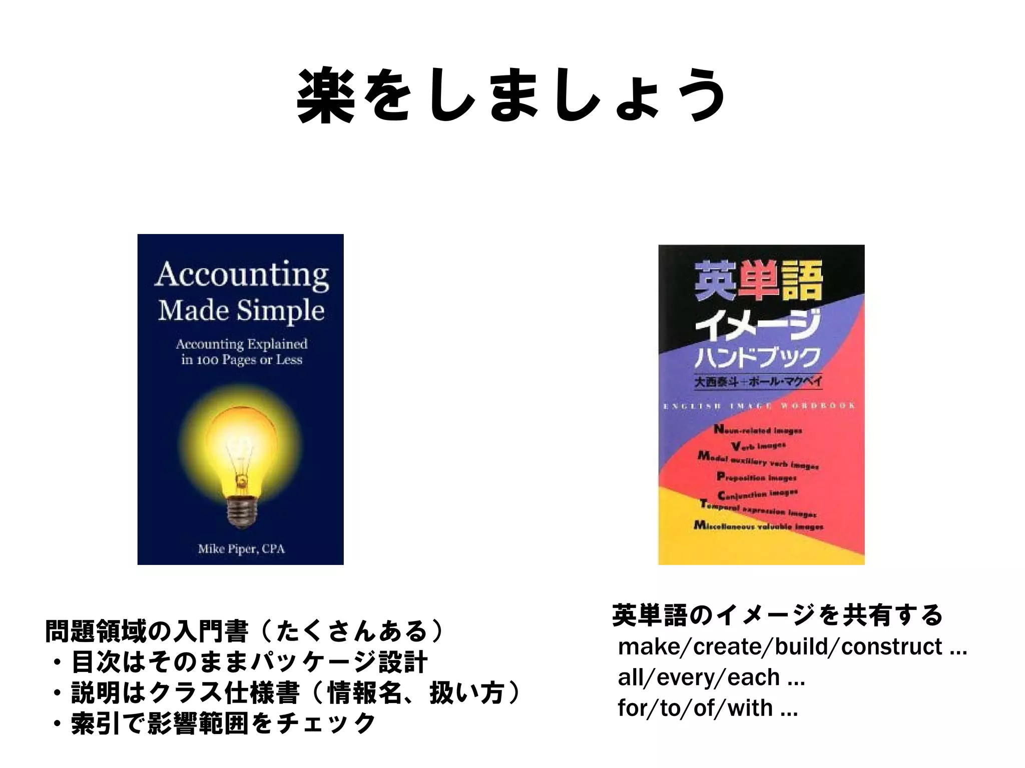 楽をしましょう

問題領域の入門書（たくさんある）
・目次はそのままパッケージ設計
・説明はクラス仕様書（情報名、扱い方）
・索引で影響範囲をチェック

英単語のイメージを共有する
make/create/build/construct …
all/every/each …
for/to/of/with …

 