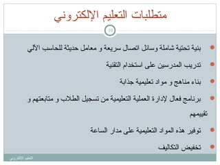 ‫متطلبات اكلتعليم الكلكتروني‬
‫01‬

‫‪‬‬

‫بنية تحتية شاملة وسائل اتصال سريعة و معامل حديثة يللحاسب اليلي‬

‫‪‬‬

‫تدريب ايلمدرسين على استخدام ايلتقنية‬

‫‪‬‬

‫بناء مناهج و مواد تعليمية جذابة‬

‫‪‬‬

‫برنامج فعال لدارة ايلعملية ايلتعليمية من تسجيل ايلطل ب و متابعتهم و‬
‫تقييمهم‬

‫‪‬‬

‫توفير هذه ايلمواد ايلتعليمية على مدار ايلساعة‬

‫‪‬‬

‫تخفيض ايلتكايليف‬
‫ايلتعليم اليلكتروني‬

 