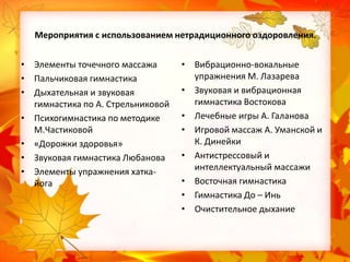 Мероприятия с использованием нетрадиционного оздоровления.
• Элементы точечного массажа
• Пальчиковая гимнастика
• Дыхательная и звуковая
гимнастика по А. Стрельниковой
• Психогимнастика по методике
М.Частиковой
• «Дорожки здоровья»
• Звуковая гимнастика Любанова
• Элементы упражнения хаткайога

• Вибрационно-вокальные
упражнения М. Лазарева
• Звуковая и вибрационная
гимнастика Востокова
• Лечебные игры А. Галанова
• Игровой массаж А. Уманской и
К. Динейки
• Антистрессовый и
интеллектуальный массажи
• Восточная гимнастика
• Гимнастика До – Инь
• Очистительное дыхание

 