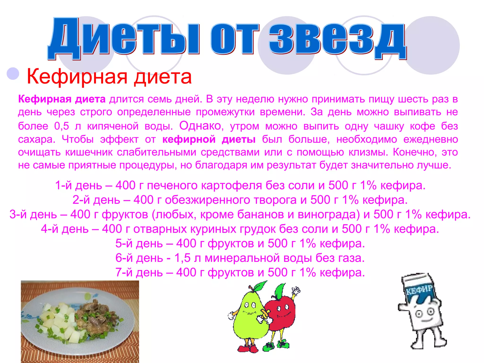 Кефирная диета
Кефирная диета длится семь дней. В эту неделю нужно принимать пищу шесть раз в
день через строго определенные промежутки времени. За день можно выпивать не
более 0,5 л кипяченой воды. Однако, утром можно выпить одну чашку кофе без
сахара. Чтобы эффект от кефирной диеты был больше, необходимо ежедневно
очищать кишечник слабительными средствами или с помощью клизмы. Конечно, это
не самые приятные процедуры, но благодаря им результат будет значительно лучше.

1-й день – 400 г печеного картофеля без соли и 500 г 1% кефира.
2-й день – 400 г обезжиренного творога и 500 г 1% кефира.
3-й день – 400 г фруктов (любых, кроме бананов и винограда) и 500 г 1% кефира.
4-й день – 400 г отварных куриных грудок без соли и 500 г 1% кефира.
5-й день – 400 г фруктов и 500 г 1% кефира.
6-й день - 1,5 л минеральной воды без газа.
7-й день – 400 г фруктов и 500 г 1% кефира.

 