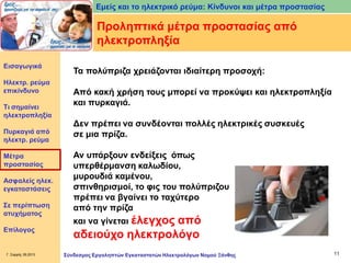 Εμείς και το ηλεκτρικό ρεύμα: Κίνδυνοι και μέτρα προστασίας

Προληπτικά μέτρα προστασίας από
ηλεκτροπληξία
Εισαγωγικά

Ηλεκτρ. ρεύμα
επικίνδυνο
Τι σημαίνει
ηλεκτροπληξία
Πυρκαγιά από
ηλεκτρ. ρεύμα
Μέτρα
προστασίας
Ασφαλείς ηλεκ.
εγκαταστάσεις

Σε περίπτωση
ατυχήματος
Επίλογος

Γ. Σαρρής 09.2013

Τα πολύπριζα χρειάζονται ιδιαίτερη προσοχή:
Από κακή χρήση τους μπορεί να προκύψει και ηλεκτροπληξία
και πυρκαγιά.
Δεν πρέπει να συνδέονται πολλές ηλεκτρικές συσκευές
σε μια πρίζα.
Αν υπάρξουν ενδείξεις όπως
υπερθέρμανση καλωδίου,
μυρουδιά καμένου,
σπινθηρισμοί, το φις του πολύπριζου
πρέπει να βγαίνει το ταχύτερο
από την πρίζα
και να γίνεται έλεγχος

από
αδειούχο ηλεκτρολόγο
Σύνδεσμος Εργοληπτών Εγκαταστατών Ηλεκτρολόγων Νομού Ξάνθης

11

 