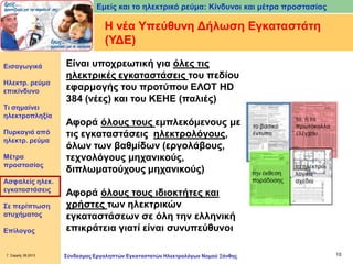 Εμείς και το ηλεκτρικό ρεύμα: Κίνδυνοι και μέτρα προστασίας

Η νέα Υπεύθυνη Δήλωση Εγκαταστάτη
(ΥΔΕ)
Εισαγωγικά

Ηλεκτρ. ρεύμα
επικίνδυνο
Τι σημαίνει
ηλεκτροπληξία
Πυρκαγιά από
ηλεκτρ. ρεύμα
Μέτρα
προστασίας
Ασφαλείς ηλεκ.
εγκαταστάσεις

Σε περίπτωση
ατυχήματος
Επίλογος

Γ. Σαρρής 09.2013

Είναι υποχρεωτική για όλες τις
ηλεκτρικές εγκαταστάσεις του πεδίου
εφαρμογής του προτύπου ΕΛΟΤ HD
384 (νέες) και του ΚΕΗΕ (παλιές)
Αφορά όλους τους εμπλεκόμενους με
τις εγκαταστάσεις ηλεκτρολόγους,
όλων των βαθμίδων (εργολάβους,
τεχνολόγους μηχανικούς,
διπλωματούχους μηχανικούς)
Αφορά όλους τους ιδιοκτήτες και
χρήστες των ηλεκτρικών
εγκαταστάσεων σε όλη την ελληνική
επικράτεια γιατί είναι συνυπεύθυνοι
Σύνδεσμος Εργοληπτών Εγκαταστατών Ηλεκτρολόγων Νομού Ξάνθης

15

 