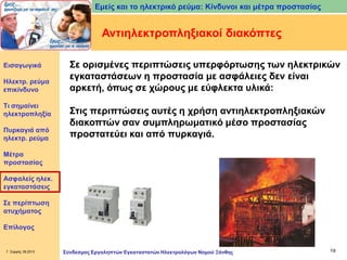 Εμείς και το ηλεκτρικό ρεύμα: Κίνδυνοι και μέτρα προστασίας

Αντιηλεκτροπληξιακοί διακόπτες
Εισαγωγικά

Ηλεκτρ. ρεύμα
επικίνδυνο
Τι σημαίνει
ηλεκτροπληξία
Πυρκαγιά από
ηλεκτρ. ρεύμα

Σε ορισμένες περιπτώσεις υπερφόρτωσης των ηλεκτρικών
εγκαταστάσεων η προστασία με ασφάλειες δεν είναι
αρκετή, όπως σε χώρους με εύφλεκτα υλικά:

Στις περιπτώσεις αυτές η χρήση αντιηλεκτροπληξιακών
διακοπτών σαν συμπληρωματικό μέσο προστασίας
προστατεύει και από πυρκαγιά.

Μέτρα
προστασίας
Ασφαλείς ηλεκ.
εγκαταστάσεις

Σε περίπτωση
ατυχήματος
Επίλογος

Γ. Σαρρής 09.2013

Σύνδεσμος Εργοληπτών Εγκαταστατών Ηλεκτρολόγων Νομού Ξάνθης

19

 