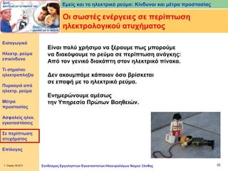 Εμείς και το ηλεκτρικό ρεύμα: Κίνδυνοι και μέτρα προστασίας

Οι σωστές ενέργειες σε περίπτωση
ηλεκτρολογικού ατυχήματος
Εισαγωγικά

Ηλεκτρ. ρεύμα
επικίνδυνο
Τι σημαίνει
ηλεκτροπληξία
Πυρκαγιά από
ηλεκτρ. ρεύμα
Μέτρα
προστασίας

Είναι πολύ χρήσιμο να ξέρουμε πως μπορούμε
να διακόψουμε το ρεύμα σε περίπτωση ανάγκης:
Από τον γενικό διακόπτη στον ηλεκτρικό πίνακα.

Δεν ακουμπάμε κάποιον όσο βρίσκεται
σε επαφή με το ηλεκτρικό ρεύμα.
Ενημερώνουμε αμέσως
την Υπηρεσία Πρώτων Βοηθειών.

Ασφαλείς ηλεκ.
εγκαταστάσεις

Σε περίπτωση
ατυχήματος
Επίλογος

Γ. Σαρρής 09.2013

Σύνδεσμος Εργοληπτών Εγκαταστατών Ηλεκτρολόγων Νομού Ξάνθης

22

 