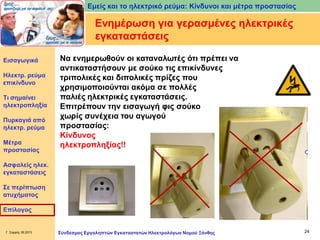 Εμείς και το ηλεκτρικό ρεύμα: Κίνδυνοι και μέτρα προστασίας

Ενημέρωση για γερασμένες ηλεκτρικές
εγκαταστάσεις
Εισαγωγικά

Ηλεκτρ. ρεύμα
επικίνδυνο
Τι σημαίνει
ηλεκτροπληξία
Πυρκαγιά από
ηλεκτρ. ρεύμα
Μέτρα
προστασίας

Να ενημερωθούν οι καταναλωτές ότι πρέπει να
αντικαταστήσουν με σούκο τις επικίνδυνες
τριπολικές και διπολικές πρίζες που
χρησιμοποιούνται ακόμα σε πολλές
παλιές ηλεκτρικές εγκαταστάσεις.
Επιτρέπουν την εισαγωγή φις σούκο
χωρίς συνέχεια του αγωγού
προστασίας:
Κίνδυνος
ηλεκτροπληξίας!!

Ασφαλείς ηλεκ.
εγκαταστάσεις

Σε περίπτωση
ατυχήματος
Επίλογος

Γ. Σαρρής 09.2013

Σύνδεσμος Εργοληπτών Εγκαταστατών Ηλεκτρολόγων Νομού Ξάνθης

24

 