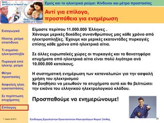 Εμείς και το ηλεκτρικό ρεύμα: Κίνδυνοι και μέτρα προστασίας

Αντί για επίλογο,
προσπάθεια για ενημέρωση
Εισαγωγικά

Ηλεκτρ. ρεύμα
επικίνδυνο
Τι σημαίνει
ηλεκτροπληξία
Πυρκαγιά από
ηλεκτρ. ρεύμα
Μέτρα
προστασίας

Είμαστε περίπου 11.000.000 Έλληνες .
Χάνουμε μερικές δεκάδες συνανθρώπους μας κάθε χρόνο από
ηλεκτροπληξίες. Έχουμε και μερικές εκατοντάδες πυρκαγιές
επίσης κάθε χρόνο από ηλεκτρικά αίτια.

Σε άλλες ευρωπαϊκές χώρες οι πυρκαγιές και τα θανατηφόρα
ατυχήματα από ηλεκτρικά αίτια είναι πολύ λιγότερα ανά
10.000.000 κατοίκους.

Ασφαλείς ηλεκ.
εγκαταστάσεις

Η συστηματική ενημέρωση των καταναλωτών για την ασφαλή
χρήση του ηλεκτρισμού
θα βοηθήσει να μειωθούν τα ατυχήματα αυτά και θα βελτιώσει
την εικόνα του ελληνικού ηλεκτρολογικού κλάδου.

Σε περίπτωση
ατυχήματος

Προσπαθούμε να ενημερώνουμε!

Επίλογος

Γ. Σαρρής 09.2013

Σύνδεσμος Εργοληπτών Εγκαταστατών Ηλεκτρολόγων Νομού Ξάνθης

26

 