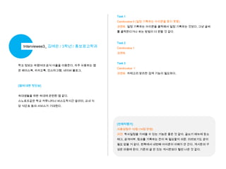Task 1
Candovalue 0 (일정 기록하는 아이콘을 찾지 못함)
코멘트 일정 기록하는 아이콘을 클릭해서 일정 기록하는 것보다, 그냥 글씨
를 클릭한다거나 하는 방법이 더 편할 것 같다.

Interviewee3_ 김예은 / 3학년 / 홍보광고학과

Task 2
Candovalue 1
코멘트

학교 정보는 숙명여대 공식 어플을 이용한다. 자주 사용하는 앱
은 페이스북, 카카오톡, 인스타그램, 네이버 블로그.

Task 3
Candovalue 1
코멘트 카테고리 망라한 검색 기능이 필요하다.

[앱에 대한 첫인상]
숙대생들을 위한 숙대에 관련된 앱 같다.
스노로즈같은 학교 커뮤니티나 버스도착시간 알리미, 교내 식
당 식단표 등의 서비스가 기대된다.

[전체적평가]
사용성점수 10점 (14점 만점)

의견 학사일정을 가져올 수 있는 기능은 좋은 것 같다. 글쓰기 메뉴에 장소
태그, 공개여부, 링크를 기록하는 칸이 꼭 필요할지 의문. 미리보기도 굳이
필요 없을 거 같다. 왼쪽에서 네번째 아이콘이 이해가 안 간다. 게시판의 구
성은 마음에 든다. 기존의 글 만 있는 게시판보다 훨씬 나은 것 같다.

 