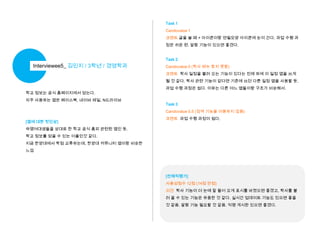 Task 1
Candovalue 1
코멘트 글을 쓸 때 + 아이콘이랑 연필모양 아이콘에 눈이 간다. 과업 수행 과
정은 쉬운 편. 알람 기능이 있으면 좋겠다.
Task 2

Interviewee5_ 김민지 / 3학년 / 경영학과

Candovalue 0 (학사 메뉴 찾지 못함)
코멘트 학사 일정을 불러 오는 기능이 있다는 전제 하에 이 일정 앱을 쓰게

될 것 같다. 학사 관련 기능이 없다면 기존에 쓰던 다른 일정 앱을 사용할 듯.
학교 정보는 공식 홈페이지에서 얻는다.
자주 사용하는 앱은 페이스북, 네이버 메일, N드라이브

과업 수행 과정은 쉽다. 이유는 다른 여느 앱들이랑 구조가 비슷해서.

Task 3
Candovalue 0.5 (검색 기능을 이용하지 않음)

[앱에 대한 첫인상]

코멘트 과업 수행 과정이 쉽다.

숙명여대생들을 상대로 한 학교 공식 홈피 관련된 앱인 듯.
학교 정보를 얻을 수 있는 어플인것 같다.
지금 한양대에서 학점 교류하는데, 한양대 커뮤니티 앱이랑 비슷한
느낌

[전체적평가]
사용성점수 12점 (14점 만점)

의견 학사 기능이 더 눈에 잘 들어 오게 표시를 바꿨으면 좋겠고, 학사를 불
러 올 수 있는 기능은 유용한 것 같다. 실시간 업데이트 기능도 있으면 좋을
것 같음. 알람 기능 필요할 것 같음. 익명 게시판 있으면 좋겠다.

 