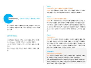 Task 1
Candovalue 0 (일정 기록하는 아이콘을 찾지 못함)
코멘트 과업 수행과정이 간편한 것 같다. 내 수강 과목에 대한 리스트가 제공
되면 좋을 것 같다. Week메뉴의 화면은 옆으로 누워있어서 불편할 듯.
Task 2

Interviewee1_ 김보미 / 4학년 / 홍보광고학과

Candovalue 0 (학사 메뉴를 찾지 못함)
코멘트 학사 메뉴 HAKSA라고 되어 있어서 한 번에 봤을때, 우리가 아는 그
‘학사’가 안떠오른다. 좀 더 알기 쉽게 익숙한 정보로 표시해주면 좋겠음. 맨

학교의 정보는 주로 공식 홈페이지나 어플 혹은 문자로 얻고 있다.
자주 사용하는 앱은 페이스북, 트위터, 네이버 블로그, 인스타그램,
카카오톡.

[앱에 대한 첫인상]
숙대 학생들을 대상으로 한 학교 서비스 앱 같고, 뭔가 공식적 정
보보다는 sns나 게시판 등 커뮤니티 기능이 있을 것 같다.
시간표, 성적조회, 학교 공지사항, 게시판 기능과 같은 서비스를
예상

비슷한 서비스는 딱히 생각 나지 않는다. 이용해 본적 없는 것 같
음

아래 메뉴 중 눈송이 아이콘이 뭔가 학교측의 공식 정보를 알려줄 것만 같다.
그 날이나 그 주에 해당하는 학사일정이 상단에 고정되어 있던가 하면 좋겠음.
리스트가 떠서 검색해서 찾아봐야 한다면 딱히 편리하다고 느껴지지는 않을
듯
Task 3
Candovalue 0.5
코멘트 학우들 의견이 왠지 하단의 사람모양 아이콘에 있을 것만 같고, 학교
측의 입장, 정보는 눈송이 아이콘에 있을 것 같다. (아이콘의 성격이 헷갈림)
과업 수행 과정은 쉬운 것도 같으나, 얻어지는 정보의 질이 만족스럽지 않을

것 같다. 학교 측의 공식적 정보가 아니고 학생들끼리 주고 받는 정보이기 때
문에. 객관적 정보를 얻을 수 있는 곳이 있었으면 좋겠다.
[전체적평가]
사용성점수 11점 (14점 만점)
의견 아이콘으로 메뉴를 표현 한 것은 보기 쉬워서 좋고, 전체적으로 한 화면
에 많은 정보가 있는 것이 아니라서 순간적으로 정보 파악이 쉽다.
DAY,WEEK,MONTH로 되어있는 일정표라던지 시간순,추천순 의 커뮤니티
메뉴바가 깔끔하다. 다만 믿을 수 있는 정보, 공식적 정보를 제공한다면 더 신
뢰도를 가지고 쓸 수 있는 앱이 될 듯.

 