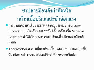 ชาปลายมือหลังผ่าตัดหรือ
กล้ามเนื้อบริเวณสะบักอ่อนแรง
 การผ่าตัดควรหาเส้นประสาทที่สาคัญบริเวณนี้ เช่น Long

thoracic n. (เป็นเส้นประสาทที่ไปเลี้ยงกล้ามเนื้อ Serratus
Anterior) ทาให้เกิดอ่อนแรงของกล้ามเนื้อบริเวณสะบักหลัง
ผ่าตัด
 Thoracodorsal n. (เลี้ยงกล้ามเนื้อ Latissimus Dorsi) เพื่อ
ป้องกันการทางานของข้อไหล่ผิดปกติ การบาดเจ็บต่อ

 