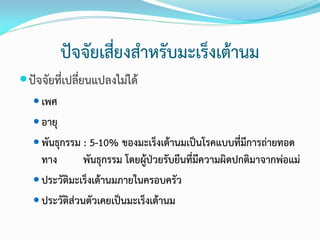 ปัจจัยเสี่ยงสาหรับมะเร็งเต้านม
 ปัจจัยที่เปลี่ยนแปลงไม่ได้
 เพศ
 อายุ
 พันธุกรรม : 5-10% ของมะเร็งเต้านมเป็นโรคแบบที่มีการถ่ายทอด

ทาง
พันธุกรรม โดยผู้ป่วยรับยีนที่มีความผิดปกติมาจากพ่อแม่
 ประวัติมะเร็งเต้านมภายในครอบครัว
 ประวัติส่วนตัวเคยเป็นมะเร็งเต้านม

 